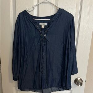 Christopher & Banks Blue 3/4 Sleeve Tie Front Blouse